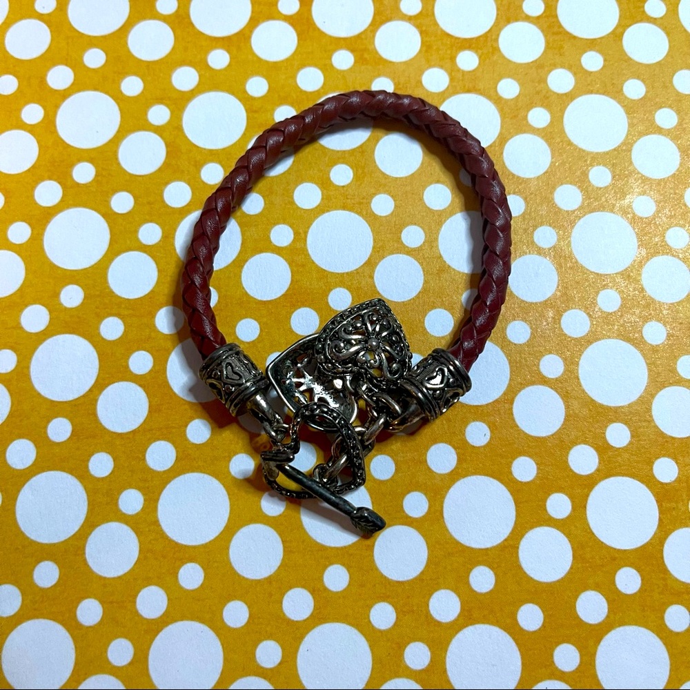 Red Faux Braided Leather Heart Charm Bracelet
